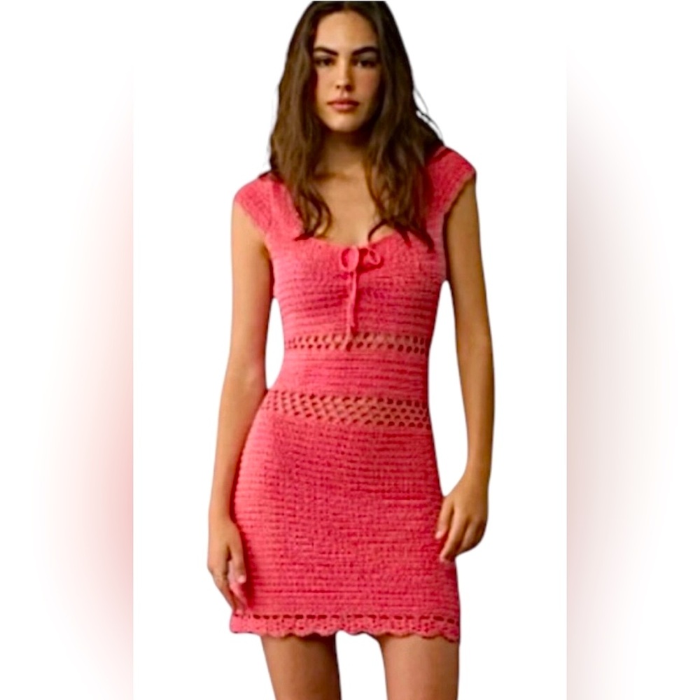 NEW American Eagle Ruched Crochet Sweater Mini Dress in Coral — Size Large